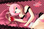  1girl animal_ears animal_tail apple blue blue_eyes breasts brown brown_hair cat_ears cat_tail cleavage clothed female food fruit hair hoshine_stella lace long_hair multicolored_hair nail_polish open_mouth pillow pink pink_clothes pink_hair solo song tail utau 