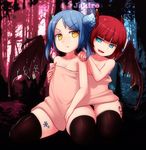  blue_eyes blue_hair defense_of_the_ancients dota_2 dragon english fang genderswap genderswap_(mtf) horns jakiro_(dota) multiple_girls no_bra personification rabbitbrush red_hair slit_pupils tattoo thighhighs towel wings yellow_eyes 