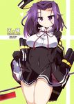  black_gloves blush breasts dress glaive gloves headgear highres kantai_collection large_breasts long_sleeves looking_at_viewer mechanical_halo polearm purple_eyes purple_hair school_uniform shirogane_(platinum) short_dress short_hair smile solo tatsuta_(kantai_collection) weapon 