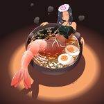  antennae black_hair blush bowl closed_eyes commentary egg food hardboiled_egg in_bowl in_container in_food john_su kamaboko long_hair mermaid midriff minigirl monster_girl narutomaki navel noodles nori_(seaweed) open_mouth original ramen shrimp solo 