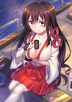  akagi_(kantai_collection) bad_id bad_pixiv_id blush breasts brown_eyes brown_hair cleavage cup japanese_clothes kantai_collection large_breasts long_hair sitting skirt smile solo tea thighhighs touwa_nikuman white_legwear yunomi 