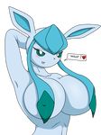  alpha_channel anthro big_breasts blush breasts covering_breasts eeveelution female glaceon green_eyes huge_breasts looking_at_viewer nintendo pok&#233;mon pok&eacute;mon solo suggestive text twistandshouter video_games 