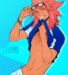  abs bracelet character_name dark_skin dark_skinned_male glasses grin inazuma_eleven_(series) inazuma_eleven_go inazuma_eleven_go_vs_danball_senki_w inazuma_legend_japan jewelry long_hair male_focus muscle navel older one_eye_closed pink_hair romaji seigaiha shirt_lift smile soccer_uniform solo sportswear temari114 tsunami_jousuke 