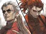  2boys changpao chinese_clothes grey_hair hair_slicked_back imperial_head_guard_(fate/grand_order) kusarebon li_shuwen_(fate) male_focus multiple_boys ponytail red_eyes red_hair sunglasses tangzhuang 