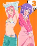  absurdres armpits arms_up artist_request bikini blush breasts cover dress dvd_cover hair_bobbles hair_ornament hairband hayate_no_gotoku! highres katsura_hinagiku long_hair multiple_girls navel official_art open_mouth orange_background pink_hair print_bikini purple_eyes purple_hair scan school_uniform segawa_izumi shorts side-tie_bikini simple_background small_breasts swimsuit two_side_up undressing yellow_eyes 