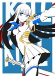  bakuzan black_hair blue_eyes breasts copyright_name epaulettes junketsu katana kill_la_kill kiryuuin_satsuki long_hair medium_breasts ninomoto partially_colored sheath sheathed skirt sword thighhighs weapon 