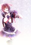  alternate_costume arm_behind_head arm_garter belt between_breasts blue_crystal_(module) breasts brown_hair choker gloves large_breasts looking_at_viewer meiko mouth_hold naughty_face oka_(umanihiki) petticoat project_diva_(series) project_diva_f skirt solo thigh_strap thighhighs vocaloid zettai_ryouiki 