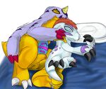 bed belly_markings claws colored digimon eyes_closed facial_markings feral feral_on_feral fur fur_pelt gabumon gomamon gumdramon_(artist) hair in_bed jun_the_gumdramon lizard lying male markings multi-colored_body on_side paws penis pillow pinniped purple_markings red_hair reptile scalie seal sleeping soft spooning uncut urethra white_fur yellow_skin 