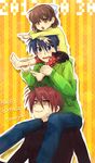  2boys blue_eyes blue_hair brown_eyes brown_hair carrying clannad father_and_daughter furukawa_akio happy_birthday human_tower kiev multiple_boys okazaki_tomoya okazaki_ushio short_hair shoulder_carry stacking 