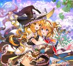  alice_margatroid apron blonde_hair blue_eyes blue_sky book bow braid capelet cloud flower hair_bow hairband hand_on_another's_chest hand_on_another's_shoulder hat hat_ribbon head_to_head hug hug_from_behind kirisame_marisa leaf light_particles lolita_hairband long_hair long_sleeves multiple_girls open_book open_mouth puffy_short_sleeves puffy_sleeves repi ribbon short_hair short_sleeves single_braid sitting skirt skirt_set sky touhou waist_apron witch_hat yellow_eyes 
