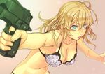  aqua_eyes bad_id bad_pixiv_id bags_under_eyes bare_shoulders beretta_92 blonde_hair bra breasts cleavage foreshortening gun handgun large_breasts lingerie long_hair looking_at_viewer mustard_seeds navel original parted_lips pistol simple_background solo underwear weapon yuuji_(and) 