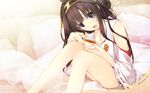  breasts cleavage cup detached_sleeves highres ichikawa_noa kantai_collection kongou_(kantai_collection) long_hair looking_at_viewer medium_breasts nontraditional_miko on_bed ribbon-trimmed_sleeves ribbon_trim sitting sitting_on_bed smile solo tea teacup wide_sleeves 