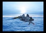  airplane armor camouflage canards canopy cloud cockpit day flying gunpod helmet highres jet macross macross_2 mecha no_humans photo_background pilot realistic science_fiction sun u.n._spacy vf-2ja 