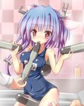  1girl admiral_(kantai_collection) antennae bare_shoulders bathroom between_legs blue_hair character_name collarbone dual_wielding feeding hands headgear highres holding holding_torpedo i-19_(kantai_collection) i3 kantai_collection long_sleeves looking_at_viewer name_tag one-piece_swimsuit red_eyes school_swimsuit sexually_suggestive shiny shiny_clothes skindentation solo_focus standing swimsuit torpedo vibrator 