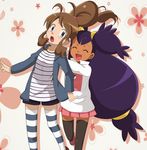  2girls blush brown_hair brown_shoes happy iris_(pokemon) jacket kurumierika long_hair miniskirt multiple_girls nintendo pink_shoes pink_skirt pokemon pokemon_(game) pokemon_bw ponytail purple_hair pushing shirt shoes skirt smile stockings striped striped_shirt sweater thighhighs touko_(pokemon) very_long_hair 