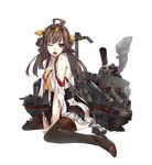  ahoge bare_shoulders black_eyes black_hakama black_legwear boots breasts brown_hair cannon full_body hair_bun hakama hakama_skirt headgear high_heels japanese_clothes kantai_collection kongou_(kantai_collection) konishi_(koconatu) long_hair medium_breasts nontraditional_miko official_art open_mouth ribbon-trimmed_sleeves ribbon_trim sideboob sitting smoke solo thigh_boots thighhighs torn_clothes transparent_background turret wariza 