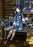  against_wall bench blue_dress blue_eyes blue_hair blue_skirt braid dappled_sunlight dokidoki!_precure dress flower full_body head_tilt hishikawa_rikka long_hair looking_at_viewer pensuke plant potted_plant precure ribbon shoes sidelocks single_braid sitting skirt smile socks solo sunlight 