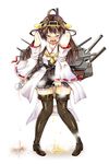  black_legwear blush boots brown_hair cannon cup detached_sleeves double_bun hair_ornament hairband headgear highres japanese_clothes kantai_collection kongou_(kantai_collection) long_hair nontraditional_miko open_mouth pee peeing peeing_self sarfata skirt solo teacup tears thigh_boots thighhighs turret 