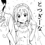  1girl :d \m/ dress greyscale headphones headphones_around_neck idolmaster idolmaster_cinderella_girls locked_arms looking_at_viewer monochrome open_mouth pun short_hair simple_background smile tada_riina translated watarai_keiji wedding_dress white_background 