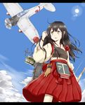  aircraft airplane akagi_(kantai_collection) any_(lucky_denver_mint) brown_eyes brown_hair cloud d3a day dive_bomber highres japanese_clothes kantai_collection letterboxed long_hair muneate pleated_skirt skirt sky solo sun 