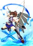  archery big.g black_legwear bow_(weapon) brown_eyes brown_hair gloves highres japanese_clothes kaga_(kantai_collection) kantai_collection kyuudou mechanical_wings muneate partly_fingerless_gloves pleated_skirt side_ponytail single_glove skirt solo thighhighs weapon wings yugake zettai_ryouiki 