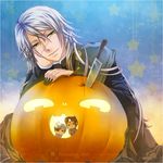  :&gt; :&lt; :} black_nails chibi ciel_phantomhive earrings eyepatch fingernails hat jack-o'-lantern jewelry knife kuromai kuroshitsuji long_fingernails long_hair male_focus multiple_boys nail_polish pumpkin scar sebastian_michaelis silver_hair smile undertaker_(kuroshitsuji) 