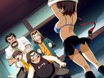  1girl 4boys ass back bed bedroom black_hair blonde_hair blush bra breasts brown_hair cross cross_necklace dutch_angle everyone fat fat_man game_cg glasses green_green group hairband happy highres indoors jacket kuchiki_wakaba large_breasts legs miniskirt multiple_boys open_mouth panties short_hair sideboob skirt smile socks standing striptease thighs underwear undressing 