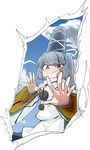  blue_sky blush cloud fourth_wall hat japanese_clothes kariginu long_sleeves mononobe_no_futo outstretched_arm outstretched_hand ponytail short_hair silver_hair sky smile solo space_jin tate_eboshi touhou wide_sleeves 
