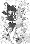  3girls blood dog food greyscale guts_(kill_la_kill) heart heart-shaped_pupils implied_pantyshot kill_la_kill mankanshoku_barazou mankanshoku_mako mankanshoku_matarou mankanshoku_sukuyo matoi_ryuuko midriff monochrome multiple_boys multiple_girls nosebleed school_uniform senketsu serafuku sketch skirt symbol-shaped_pupils tempura yanagida_fumita 