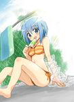  arm_support bandeau bikini blue_eyes blue_hair blush chain-link_fence fence food jacket looking_at_viewer mahou_shoujo_madoka_magica miki_sayaka mochizuki_yomogi open_mouth popsicle short_hair side-tie_bikini sitting sketch solo striped striped_bikini swimsuit 