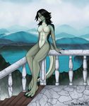  black_hair blue_eyes cloud clouds eliana-asato female fog grey_skin hair lake lizard marble morning mountain nude reptile reptilian scalie short_hair solo stairs 