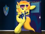  clothing door english_text equine eyewear female feral friendship_is_magic fur glasses hair horse leaning long_hair looking_at_viewer mammal my_little_pony necktie open_mouth orange_hair pegasus pony smile solo spitfire_(mlp) spitshy suit sunglasses text tongue two_tone_hair uniform wings wonderbolts_(mlp) 