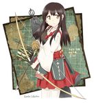  akagi_(kantai_collection) any_(lucky_denver_mint) bow_(weapon) brown_eyes brown_hair character_name copyright_name highres japanese_clothes kantai_collection long_hair map muneate pleated_skirt skirt solo weapon 
