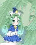  blue_capelet bow capelet chibi dress ghost_tail green_eyes green_hair hat highres layered_dress long_sleeves looking_at_viewer mima puffy_sleeves solo touhou touhou_(pc-98) wizard_hat xue_ye zoom_layer 