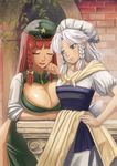  alternate_costume amibazh apron beret blue_eyes braid breast_rest breasts chin_rest cleavage closed_eyes hand_on_hip hat highres hong_meiling huge_breasts izayoi_sakuya leaf lipstick long_hair makeup multiple_girls red_hair red_lipstick short_hair side_slit silver_hair star touhou twin_braids waist_apron 