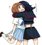  applebrown black_hair blue_sailor_collar blue_skirt brown_eyes brown_hair hug kill_la_kill mankanshoku_mako matoi_ryuuko midriff multiple_girls protected_link sailor_collar school_uniform serafuku short_hair skirt translated 