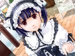  blue_hair cafe dutch_angle frills game_cg ginta gothic_lolita hairband kaburagi_haruna lolita_fashion menu_board pavement pinching pure_x_cure purple_hair running_bond short_hair short_twintails solo twintails 