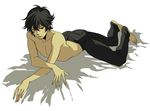  barefoot black_hair denim gundam gundam_00 jeans lying male_focus pants red_eyes sakatsuki setsuna_f_seiei shirtless solo 