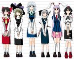  animal_ears apron ascot black_dress blonde_hair blue_dress bunny_ears dress formal full_body geta hakurei_reimu hat izayoi_sakuya katana kieyza kirisame_marisa konpaku_youmu lineup long_sleeves looking_at_viewer multiple_girls necktie red_dress red_neckwear reisen_udongein_inaba shameimaru_aya sheath sheathed silver_hair standing suit sword tengu-geta tokin_hat touhou v_arms vest waist_apron weapon 