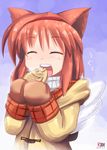  animal_ears bad_id bad_pixiv_id cat_ears closed_eyes coat eating face food hairband highres kanon kazuboh kemonomimi_mode mittens orange_hair solo taiyaki tsukimiya_ayu uguu~ wagashi wings 