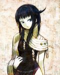  black_hair blue_eyes bodysuit eyeshadow head_tilt kodama_yuuki long_hair makeup original serious solo 