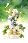  blonde_hair blue_eyes boots fairy flower gloves hat holding holding_sword holding_weapon leaf left-handed link louis male_focus master_sword navi pointy_ears shield standing sword the_legend_of_zelda the_legend_of_zelda:_ocarina_of_time triforce weapon 