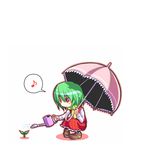  ascot bad_id bad_pixiv_id blush_stickers chibi eighth_note full_body green_hair kazami_yuuka loafers mendou_saya musical_note parasol plaid plaid_skirt plaid_vest plant red_eyes scarf shoes short_hair simple_background skirt skirt_set smile solo speech_bubble spoken_musical_note squatting touhou umbrella vest watering_can white_background 