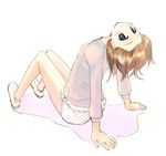  bare_legs blush brown_eyes brown_hair from_behind full_body head_back ikeda_jun_(mizutamari) long_sleeves looking_at_viewer original shoes shorts simple_background sitting solo white_background 