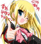  ;d blonde_hair blue_eyes bow bowtie braid hizuki_yayoi little_busters! long_hair looking_at_viewer one_eye_closed open_mouth pink_bow pink_neckwear pointing pointing_at_viewer single_braid smile solo tokido_saya upper_body white_background 