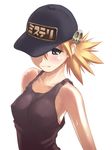  bare_shoulders baseball_cap blonde_hair blue_eyes blush breasts from_above hat medium_breasts non-web_source perky_breasts sasamori_karin solo sweat tank_top to_heart_2 translated twintails 