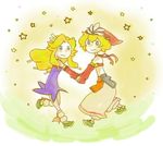  1girl blonde_hair chibi commentary_request fantasy from_side full_body hat holding_hands imu_(lom) legend_of_mana long_hair looking_at_viewer looking_to_the_side no_nose own_hands_together sabo_(sabotaru) seiken_densetsu smile star toto_(lom) 