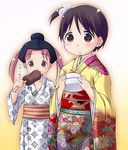  boned_meat brown_eyes brown_hair eating food hexagon ichigo_mashimaro itou_chika japanese_clothes kagami_mochi kimono matsuoka_miu meat multiple_girls natsukon one_side_up ponytail shippou_(pattern) short_hair side_ponytail twintails yukata 