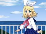  aqua_eyes blonde_hair blue_eyes green_eyes kagamine_rin non-web_source railing school_uniform seaside serafuku short_hair smile solo vocaloid 