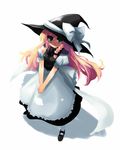  apron blonde_hair from_above green_eyes hands_clasped hat highres kirisame_marisa long_hair looking_up own_hands_together ribbon shin_(new) solo touhou witch witch_hat 